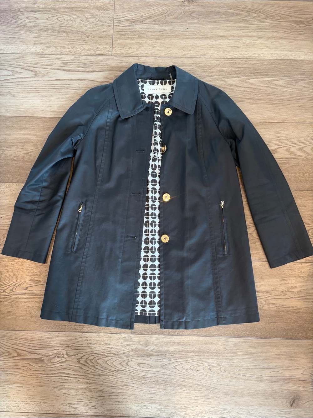 Trina Turk Black Trench Coat with Geo-Print Lining